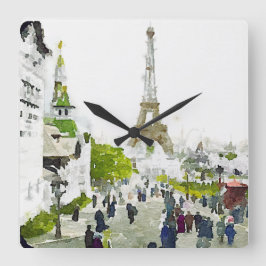 Parismålning i Eiffel Torn Watercolor Painting Fyrkantig Klocka