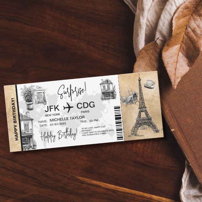 Parisöverraskning på födelsedagspatentet Biljett Inbjudningar (CUTE DOODLE WHIMSICAL PARIS SURPRISE BOARDING PASS TICKET)
