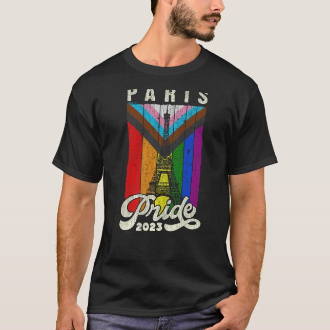 ParisPridet 2023 Eiffel Torn Progress Pride Flagga T Shirt (Framsida)