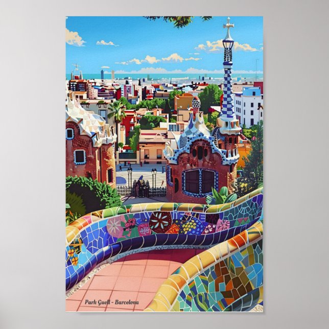 Park Guell Barcelona Spanien Vintage resor Poster (Framsidan)