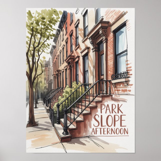 Park Slope Eftermiddag Brownstone Akvarell Poster (Framsidan)