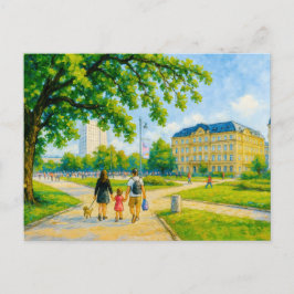 Parkpromenad i Warszawa - oljemålning med träd och Helg Vykort