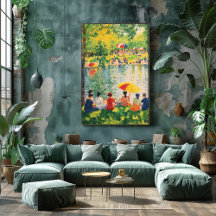 Parkscen i pointillism med livfulla sommarfärger