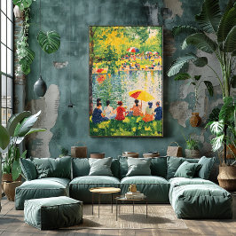 Parkscen i pointillism med livfulla sommarfärger poster