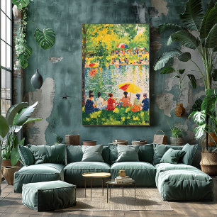 Parkscen i pointillism med livfulla sommarfärger poster