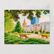 Parkutsikt med Warszawas skyline - färgrik oljemål