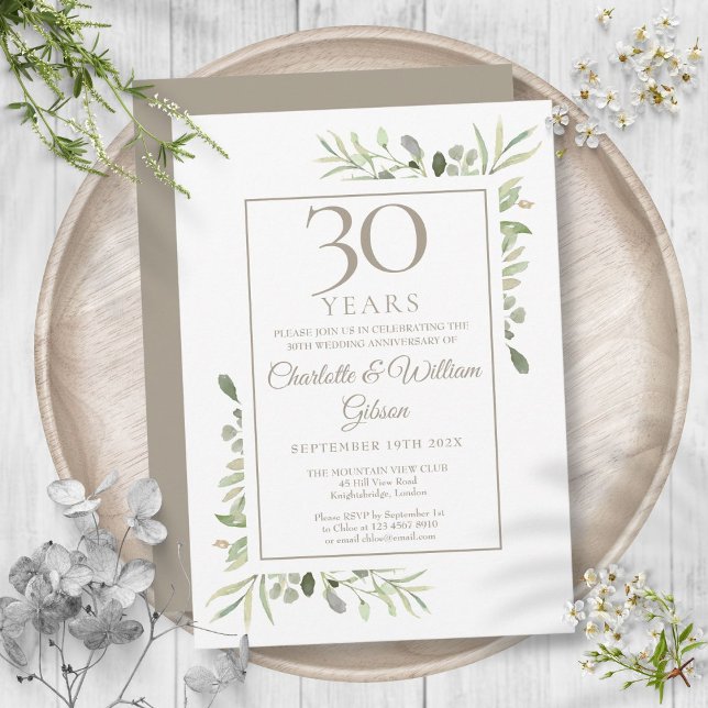 Pärla 30-års bröllopsjubileum Grönska Blommor Inbjudningar (Pearl 30th Wedding Anniversary Greenery Floral Invitation)