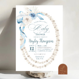 Pärla Boho Blå Blommig Bebis Bebis Shower Inbjudan