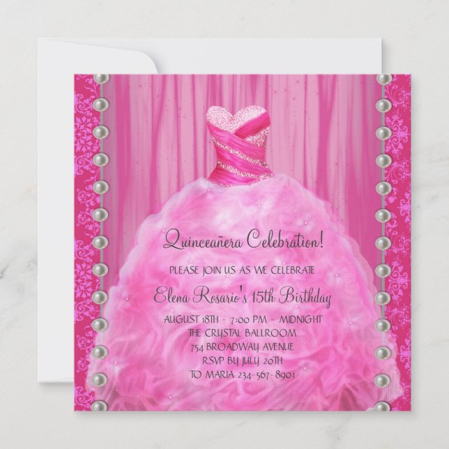 Pärla festklänning Rosa Quinceanera-inbjudan Inbjudningar (Framsida)