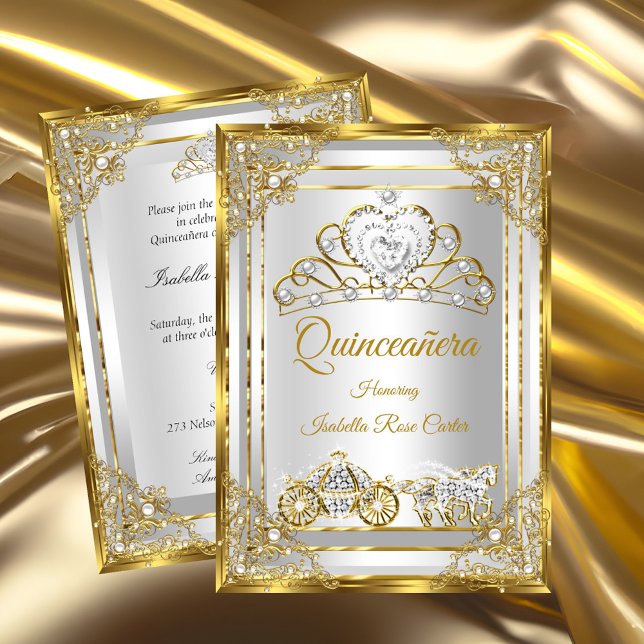 Pärla Guld Vit Quinceanera tiara vagn Inbjudningar (Skapare uppladdad)