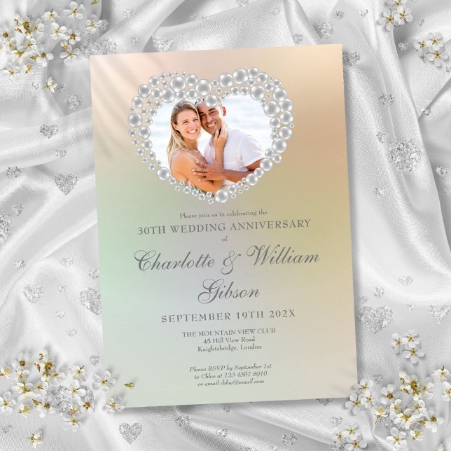 Pärla hjärta foto 30-årsjubileum för bröllop inbjudningar (Pearl Heart Photo 30th Wedding Anniversary Invitation)