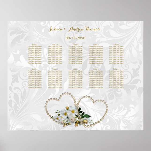 Pärla hjärtan & blommor Damask bröllop Poster (Framsidan)