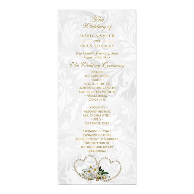 Pärla hjärtan & blommor Damask bröllopsprogram Reklamkort (Framsidan)