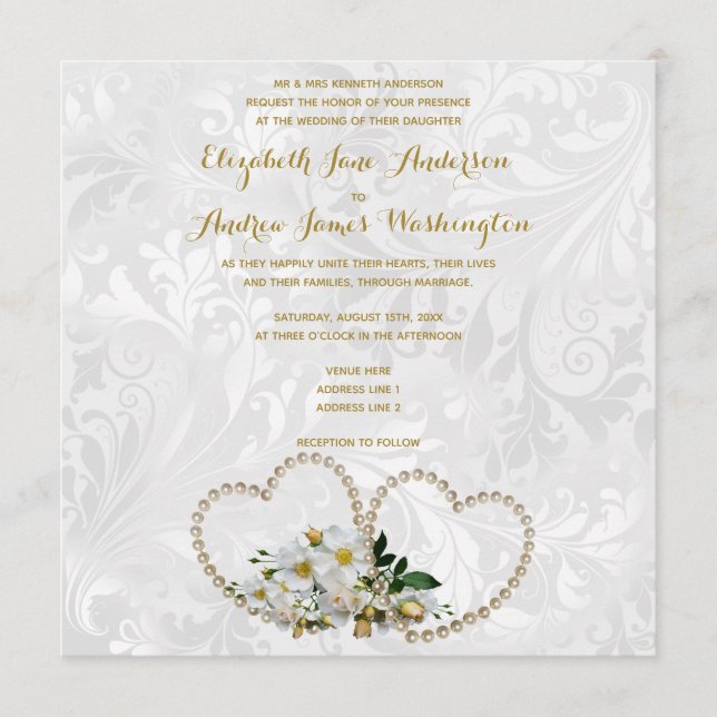 Pärla Hjärtan & Blommor Damast Bröllop Inbjudningar (Framsida)
