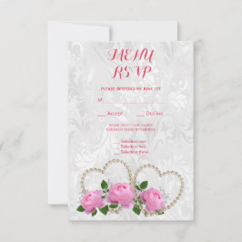 Pärla Hjärtan & Rosor Damast Bröllopsmeny RSVP OSA Kort