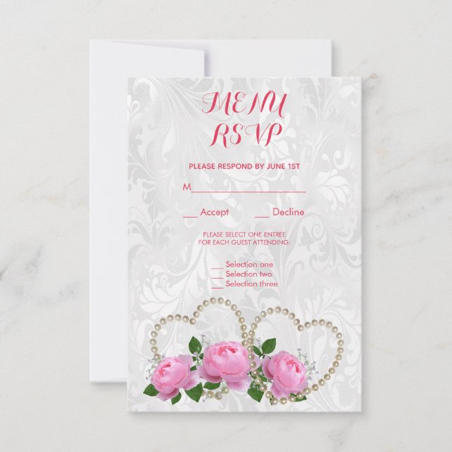 Pärla Hjärtan & Rosor Damast Bröllopsmeny RSVP OSA Kort (Framsida)