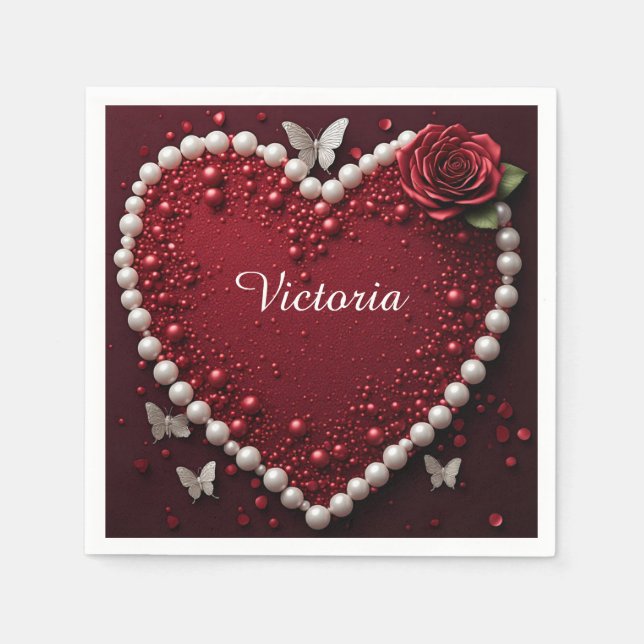 Pärla Hjärtros Bröllopsbord Dekoration 🌹 Pappersservett (Framsidan)