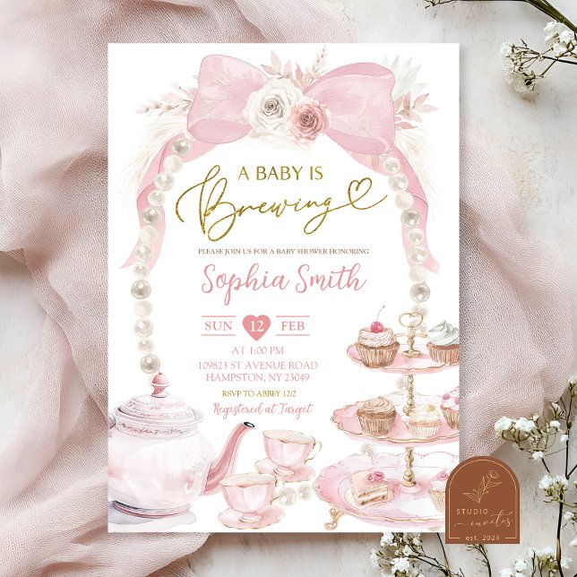 Pärla Rosa Båge Te Party Baby Shower Inbjudningar (Skapare uppladdad)