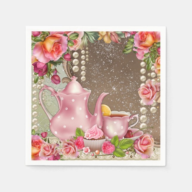 Pärla Rosa Tea Party Bröllopsdusch Pappersservett (Framsidan)