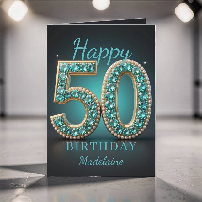 Pärla Teal Diamond Glam 50-årsfirande Kort (Skapare uppladdad)