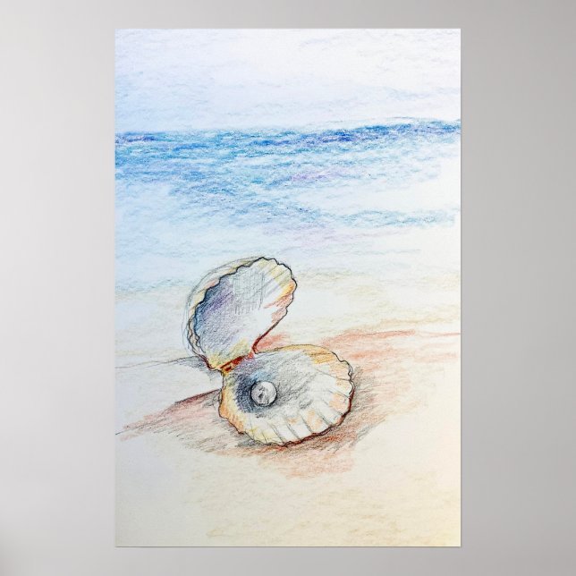 Pärlan I Mussla Ocean Strand Vågor  Poster (Framsidan)