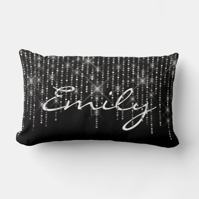 Pärlande diamanter på svart lumbarkudde (Framsida)