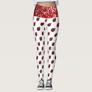 Pärlande rödsparkles Ladybug mönster på vitt Leggings
