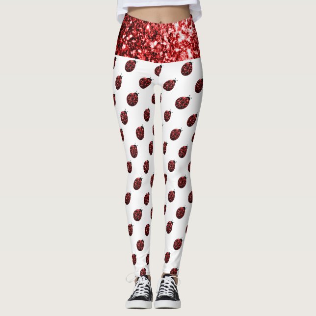 Pärlande rödsparkles Ladybug mönster på vitt Leggings (Framsida)