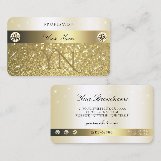 Pärlande stenar i Glitter, luxurit Guld, Monogram Visitkort (Fram/baksida)