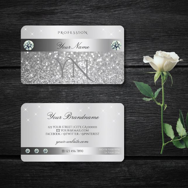 Pärlande stjärnor i Glitter i Silver monogram Visitkort (Skapare uppladdad)