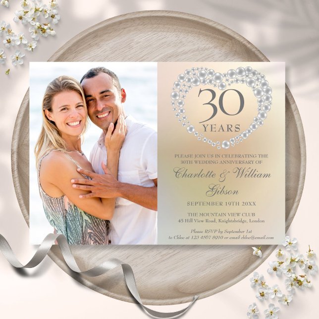 Pärlehjärta 30-års bröllopsdag foto inbjudningar (Pearl Heart 30th Wedding Anniversary Photo Invitation
)