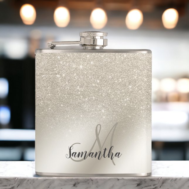 Pärlelfenben glitter ombre metallfolie monogram fickplunta (pearl ivory glitter ombre metallic foil monogram flask)