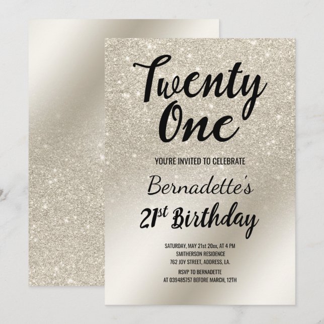 pärlelfenben glitter ombre metallic 21 Birthday Inbjudningar (Fram/baksida)