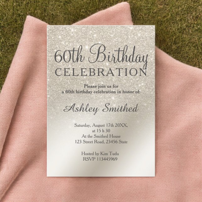 Pärlelfenben glitter ombre metallisk 60-årsdag inbjudningar (pearl ivory glitter ombre metallic 60th birthday invitation)