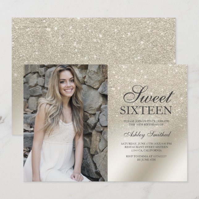 Pärlelfenbensfoto av metall i glitter Sweet 16 Inbjudningar (Fram/baksida)