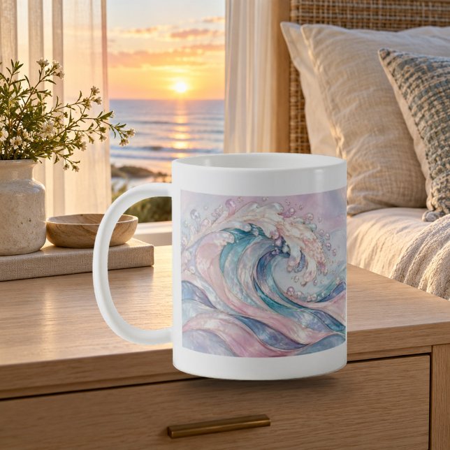 Pärlemor Tid Pastell Abstrakt Våg Mugg (Pearl Tide Pastel Abstract Wave Mug — refined lighting and contact shadows. Digital lifestyle preview.)