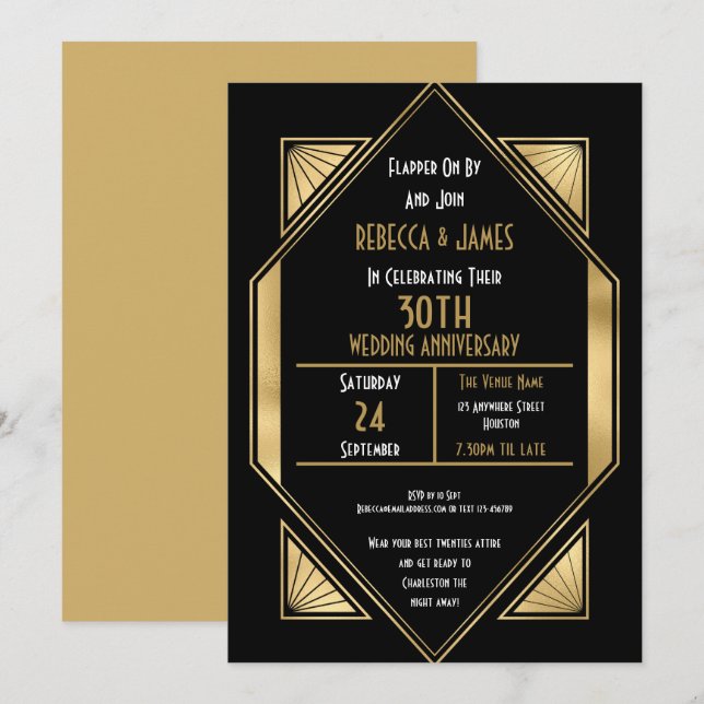 Pärlemorbröllop 30 år Art Deco Inbjudningar (Fram/baksida)