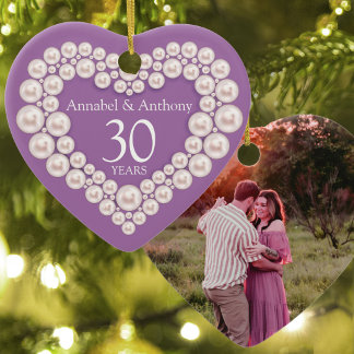 Pärlemorbröllopsjubileum 30:e hjärta lila julgransprydnad keramik