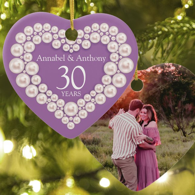 Pärlemorbröllopsjubileum 30:e hjärta lila julgransprydnad keramik (Skapare uppladdad)