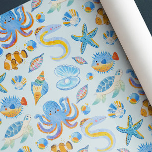 Pärlhavets varelser Blå födelsedags baby shower Presentpapper