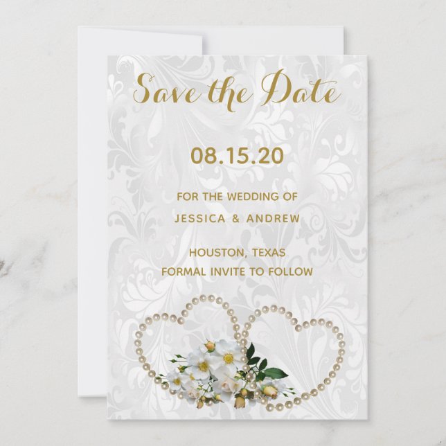 Pärlhjärtan & Blomma Damask Bröllop Save The Date Spara Datumet (Framsida)