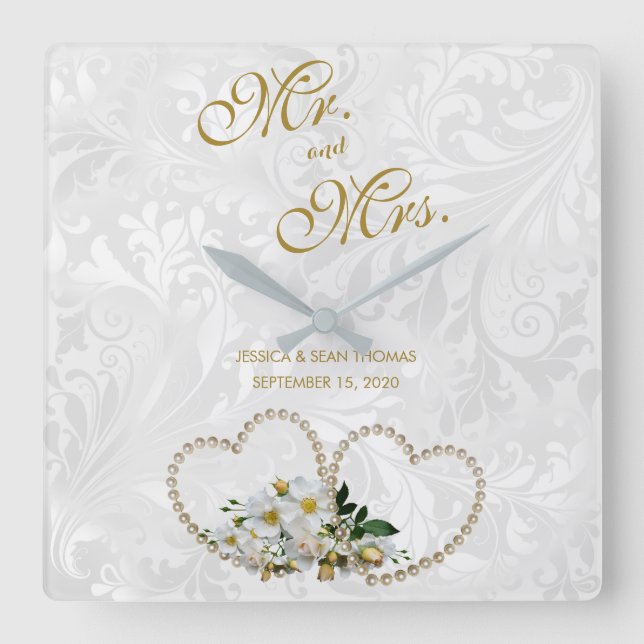 Pärlhjärtan & blommor Damask bröllop Fyrkantig Klocka (Framsida)