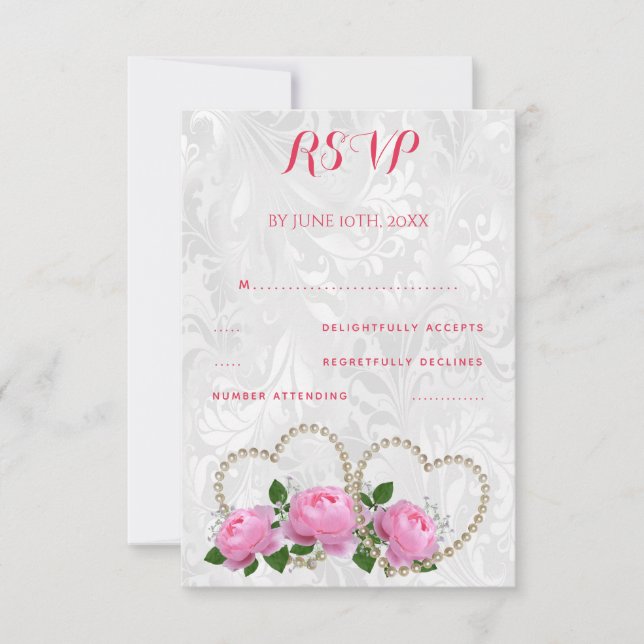 Pärlhjärtan & Rosor Damask Bröllop RSVP OSA Kort (Framsida)