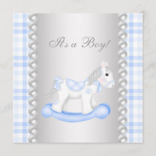 Pärlor Blå Gingham Gunghäst Baby Pojke Bebis Showe Inbjudningar