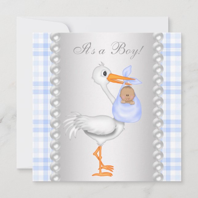 Pärlor Blå Gingham Stork Baby Pojke Bebis Duschar Inbjudningar (Framsida)