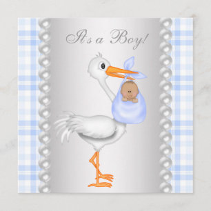 Pärlor Blå Gingham Stork Baby Pojke Bebis Duschar Inbjudningar