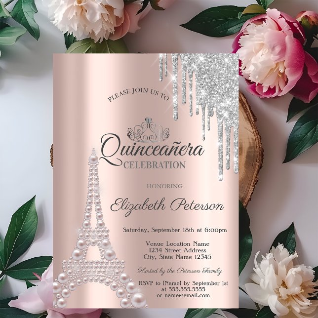 Pärlor, Eiffeltornet, Drippar Roséguld Quinceañera Inbjudningar (Skapare uppladdad)