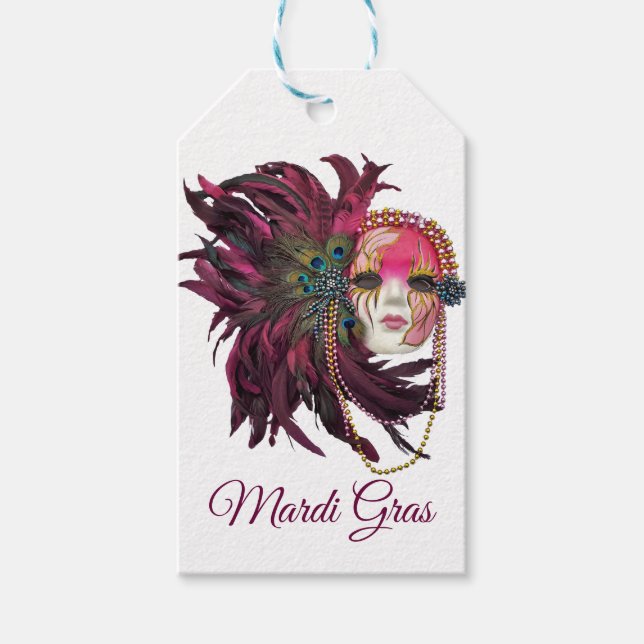 Pärlor, fjädrar och Mardi Gras Mask Presentetikett (Framsidan)