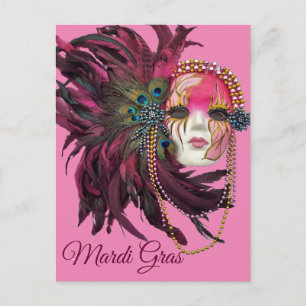 Pärlor, fjädrar och Mardi Gras Mask Vykort
