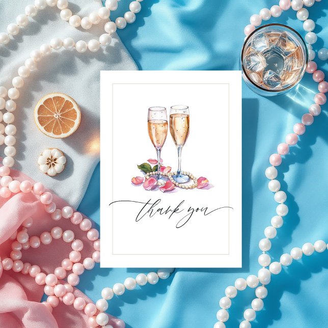 Pärlor, Kronblad och Prosecco Bröllopsdusch Foto Tack Kort (Pearls and Prosecco Bridal Shower Photo Thank You Card)
